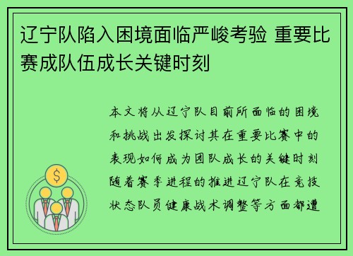 辽宁队陷入困境面临严峻考验 重要比赛成队伍成长关键时刻