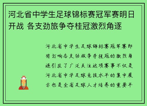 河北省中学生足球锦标赛冠军赛明日开战 各支劲旅争夺桂冠激烈角逐