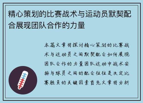 精心策划的比赛战术与运动员默契配合展现团队合作的力量