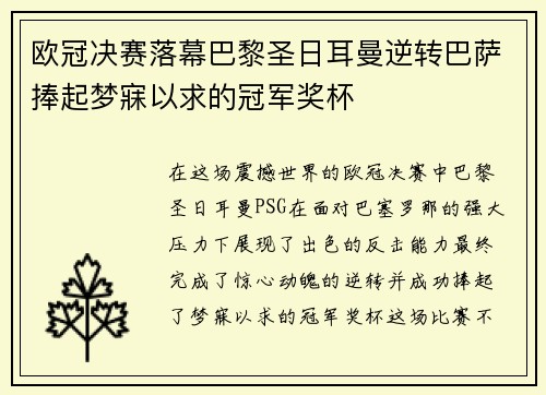 欧冠决赛落幕巴黎圣日耳曼逆转巴萨捧起梦寐以求的冠军奖杯